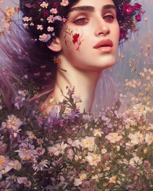 Image similar to portrait of a middle eastern girl, surrounded by flowers by karol bak, james jean, tom bagshaw, rococo, sharp focus, trending on artstation, cinematic lighting, hyper realism, octane render, 8 k, hyper detailed.