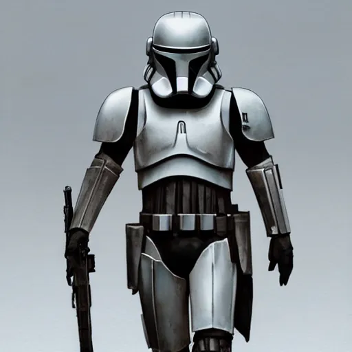 Prompt: an imperial stormtrooper walking, full body photography, extremely long shot, long shot, full-length, head-to-toe, concept art by Doug Chiang cinematic, realistic painting, high definition, concept art, the Mandalorian concept art style