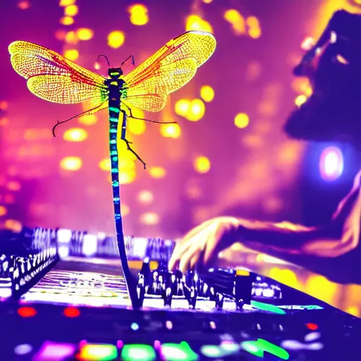 Image similar to A hd photo of a Dj playing his mixer in a rave with a lot of dragonflies around him. neon dragonfly, lights