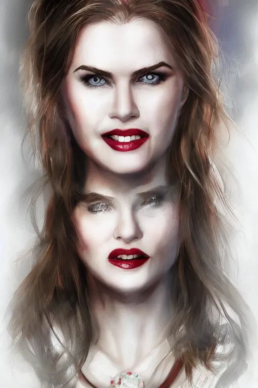 Image similar to mix of beautiful young maria shriver, mariel hemmingway, brooke shields, nicole kidman and elle macpherson as a vampire with mouth open with sharp teeth, thin lips, hair tied up in a pony tail, dark blonde hair, colorful, artstation, cgsociety