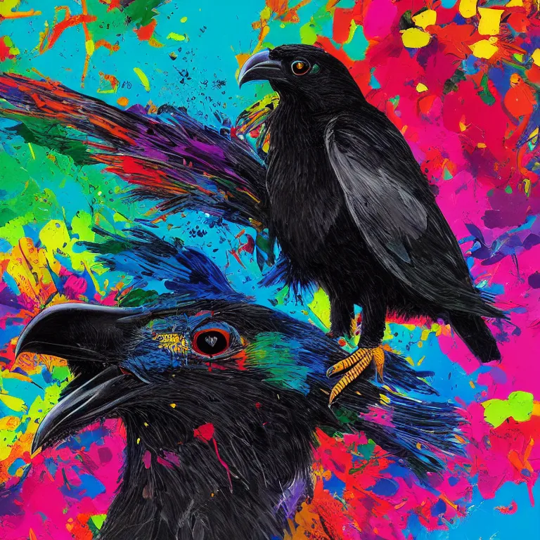 Prompt: colorful illustration of black raven bird in headphones, colorful splatters, by andy wrahol and zac retz and kezie demessance