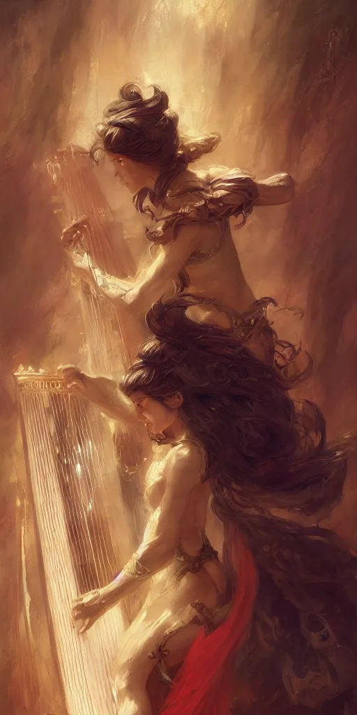 Image similar to beautiful fragile elf bard in robes, playing on a harp, masterpiece , cinematic, powerful, dramatic light, highly, intricate elements, detailed, digital painting, artstation, concept art, sharp focus, illustration, dynamic by Edgar Maxence and Ross Tran and Michael Whelan art by Frank frazetta