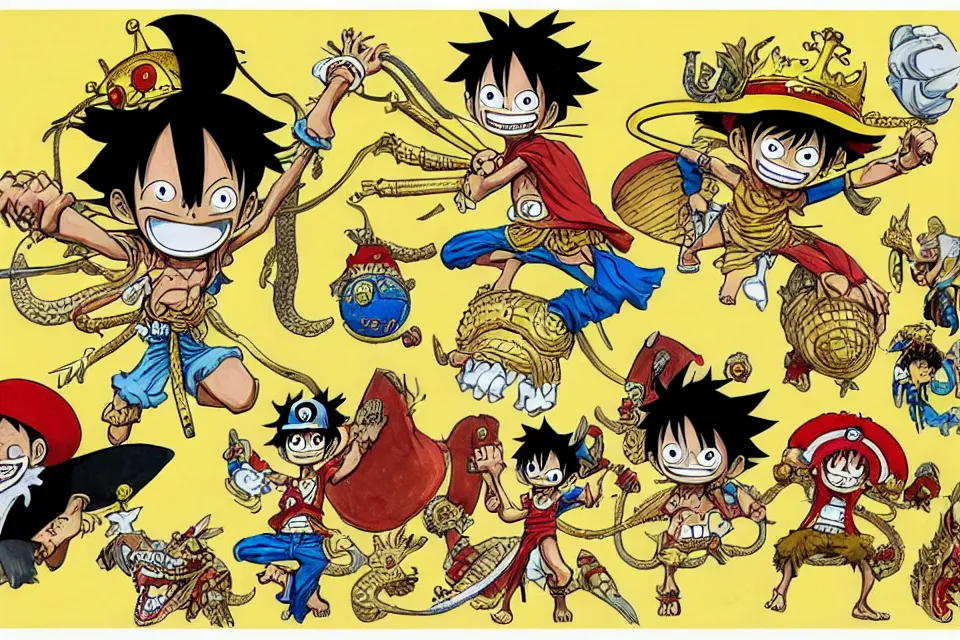 Image similar to concept sketches of luffy wearing a gold crown riding a large dragon by jamie hewlett, in the style of megaman, micro detail