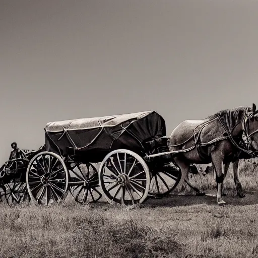 Image similar to a monochromatic sepia photograph of a delorean time machine traveling with covered wagons and pioneers on the oregon trail, trending on art station,