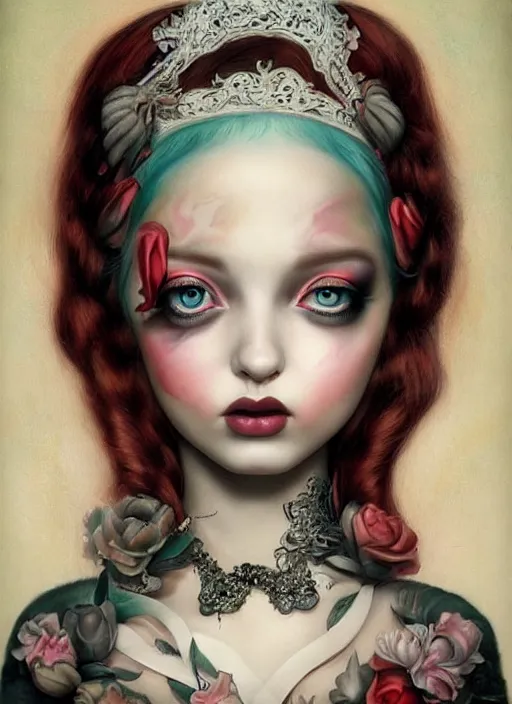 Image similar to pop surrealism, lowbrow art, realistic cute princess painting, bridal victorian fashion, hyper realism, muted colours, rococo, natalie shau, loreta lux, tom bagshaw, mark ryden, trevor brown style,