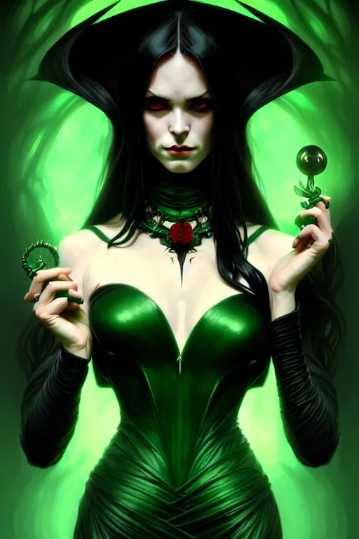 Image similar to portrait of a dark fantasy seductive female necromancer, stylish black dress, green eyes, long red hair, fantasy, elegant, intricate, full frontal shot, highly detailed, digital painting, artstation, concept art, sharp focus, illustration, art by artgerm and greg rutkowski and alphonse mucha