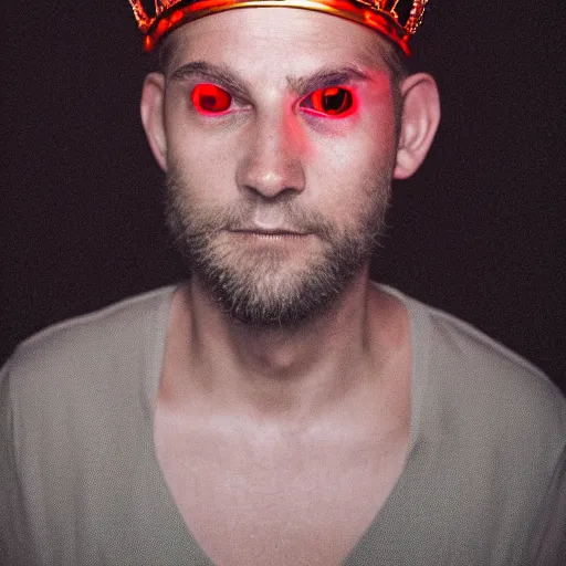 Image similar to man with a crown, smirk, photograph, black backgrounds, glowing red eyes, sharp, handsome