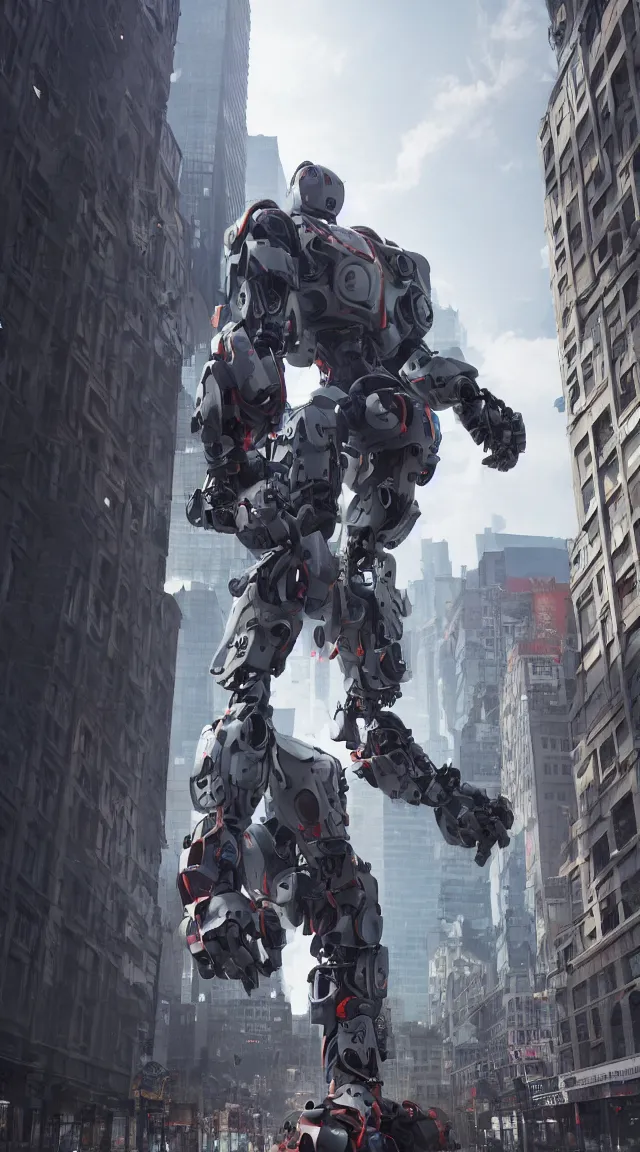 Image similar to hyperrealistic giant toy robot in city, stunning, realistic, highly detailed attributes and atmosphere, dim volumetric cinematic lighting, 8 k octane extremely hyper - detailed render, post - processing, masterpiece,