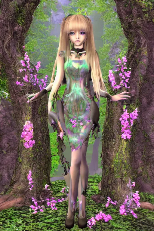 Image similar to cute female forest spirit wearing soft grunge floral cybernetic mughal valentino resort dress in a 3 d psx ps 2 jrpg style, esoteric scifi magical alien ruined cathedral sanctuary interior, fashion gameplay screenshot, highly detailed, bright