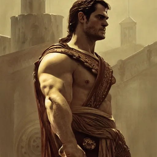 Image similar to henry cavill as a greek gladiator, gorgeous, amazing, muscular, intricate, highly detailed, digital painting, artstation, concept art, sharp focus, illustration, art by greg rutkowski and alphonse mucha