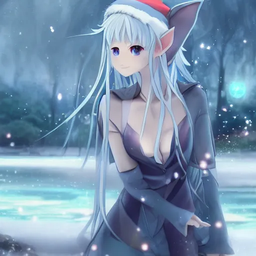 Prompt: a very beautiful anime elf girl, full body, long straight silver hair, sky blue eyes pointy ears, full round face, short smile, casual clothes, ice snowy lake setting, cinematic lightning, medium shot, mid-shot, highly detailed, trending on Artstation, Unreal Engine 4k, cinematic wallpaper by Stanley Artgerm Lau, WLOP, Rossdraws, James Jean, Andrei Riabovitchev, Marc Simonetti, and Sakimichan