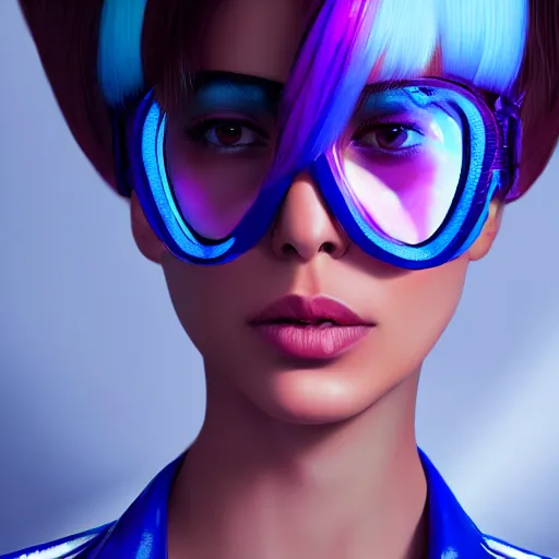 Image similar to closeup painting of a very beautiful young mexican cyberpunk woman with a smirk, wearing light blue shutter shades and a purple leather collar, one side haircut, long brown hair with light blue ends, portrait, hyperdetailed, artstation, cgsociety, 8 k, synthwave by tangerine dream