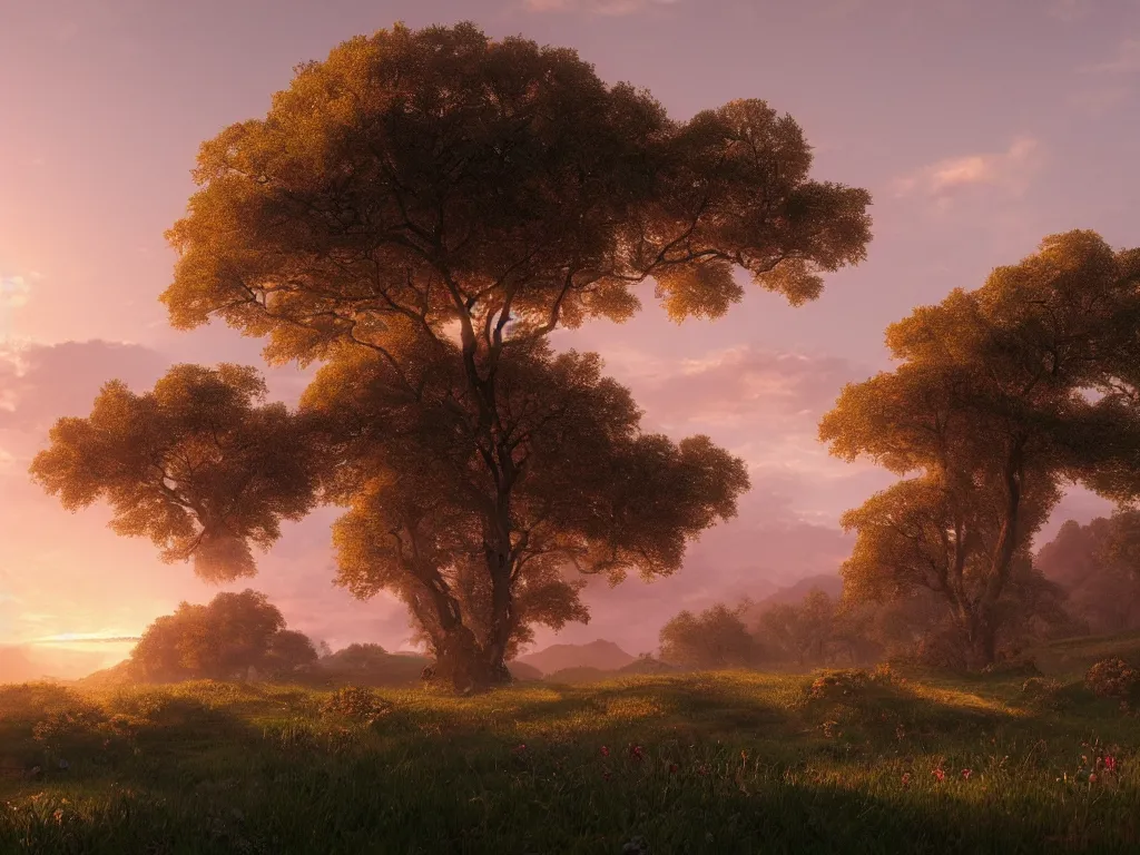 Image similar to epic landscape with rolling hills, old trees and flower meadows in a beautiful sunrise with small pink clouds in the sky by alexandre calame, golden ratio, artstation, vray render