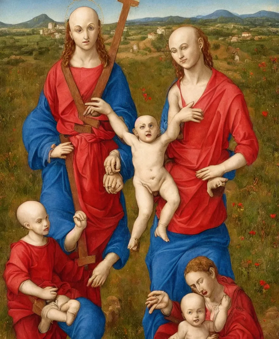 Prompt: Detailed Portrait of Madonna, curly red hair red shirt blue cloth, with infant Jesus, bald, holding a thin cross and arguing with another boy in front of Madonna in the style of Raffael. They are sitting in a dried out meadow near Florence, red poppy in the field. On the horizon, there is a blue lake with a town and blue mountains. Flat perspective.