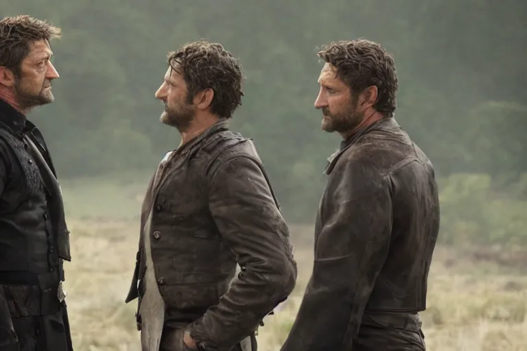 Image similar to Still of Gerard Butler and Russel Crow pointing at each other