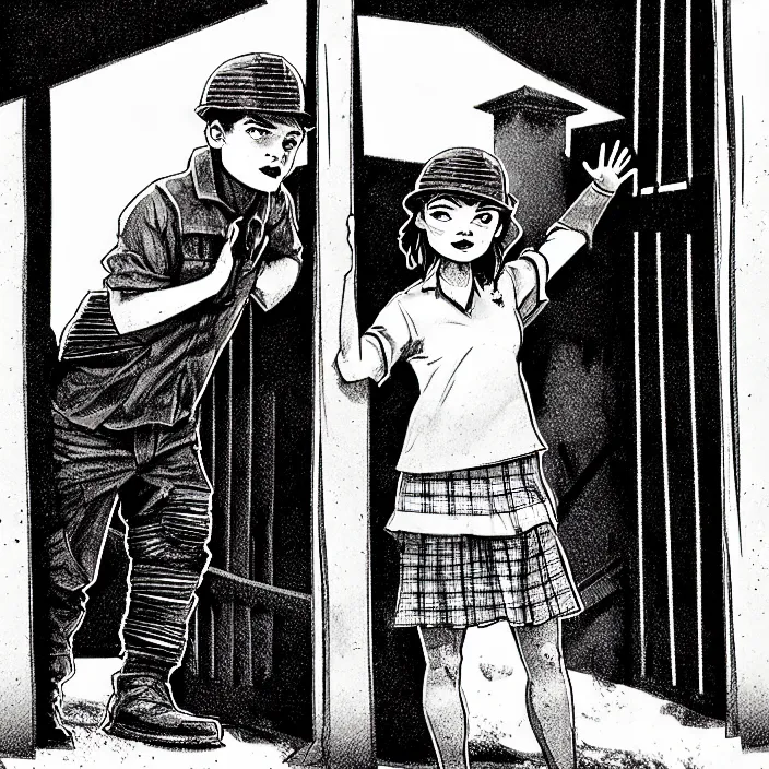 Prompt: [ sadie sink in dirty workmen clothes waves goodbye ] to workmen. near a gate. background : factory, dirty, polluted. technique : black and white pencil and ink. by gabriel hardman, joe alves, chris bonura. cinematic atmosphere, detailed and intricate, perfect anatomy