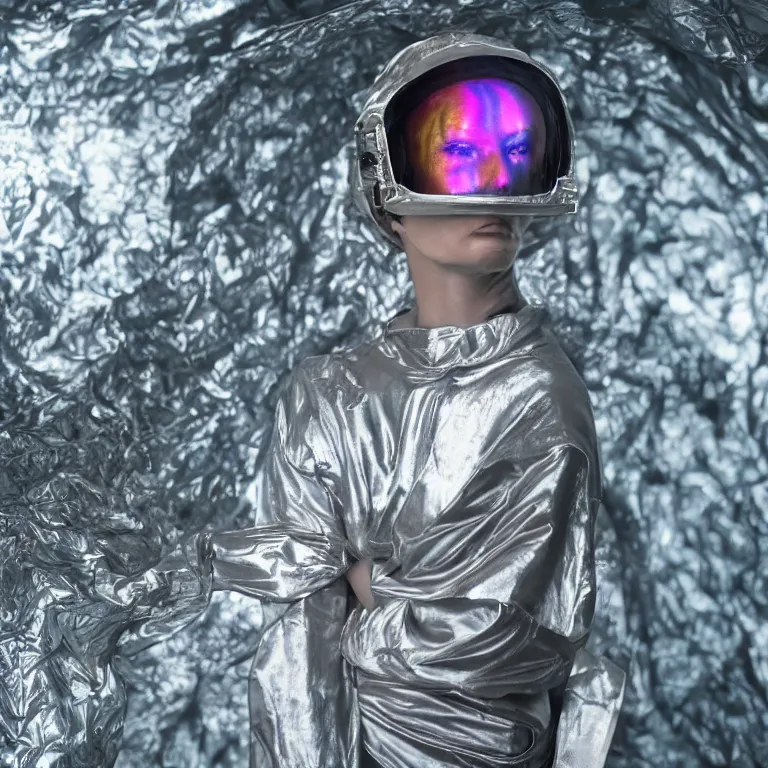 Image similar to octane render portrait by wayne barlow and carlo crivelli and glenn fabry, subject is a woman covered in tie - dye aluminum foil space suit with a iridescent metallic space helmet, inside a giant huge cavernous brutalist cement palace, cinema 4 d, ray traced lighting, very short depth of field, bokeh