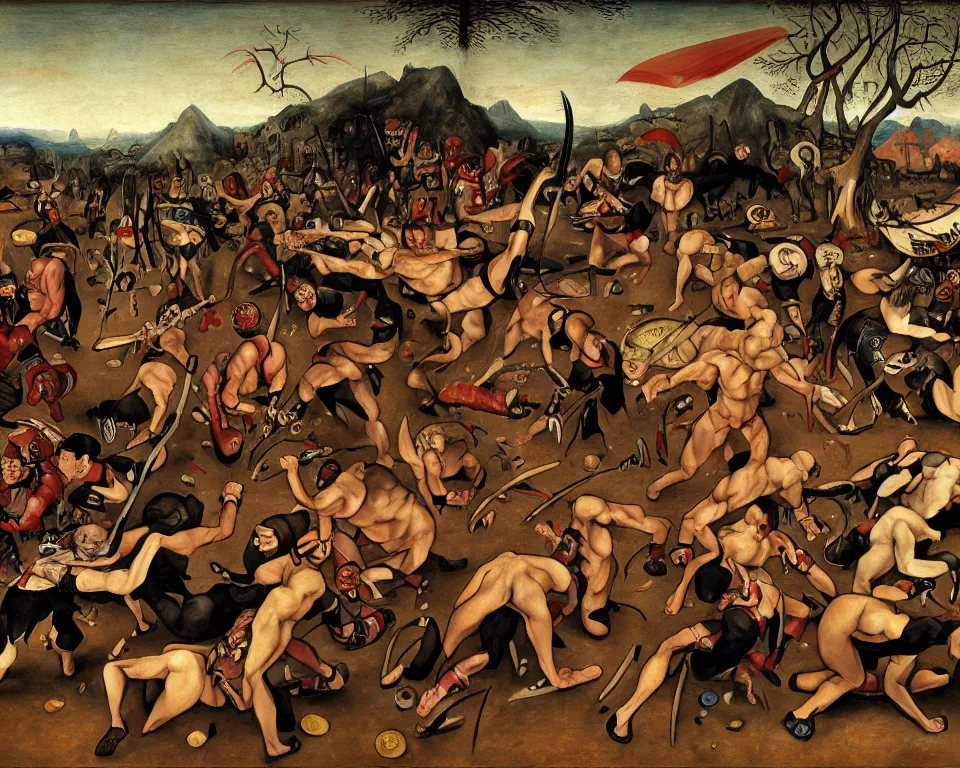 Prompt: goro from mortal kombat art by hieronymus bosh, triumph of death by pieter brueghel