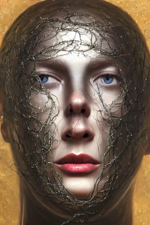 Image similar to hyperrealism oil painting, close - up portrait of face from a tangle of snakes fashion model, knight, steel gradient mixed with nebula sky, in style of baroque