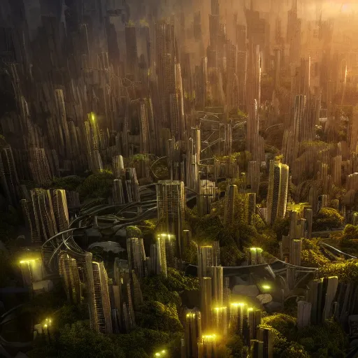 Prompt: extremely dense futuristic forest city, highly detailed, tilt shift, volumetric lighting, concept art, octane render, forestpunk, biomechanical, artstation