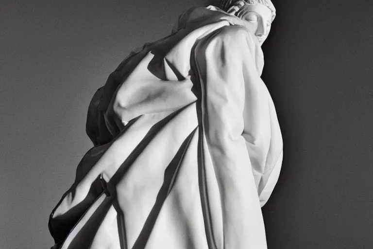 Image similar to well lit fashion shoot portrait of extremely beautiful female marble statue wearing huge over size puffer jacket by rei kawakubo, haute couture, comme de garcon, balenciaga, sharp focus, clear, detailed,, cinematic, detailed, black, glamorous, symmetrical, vogue, editorial, fashion, magazine shoot, glossy