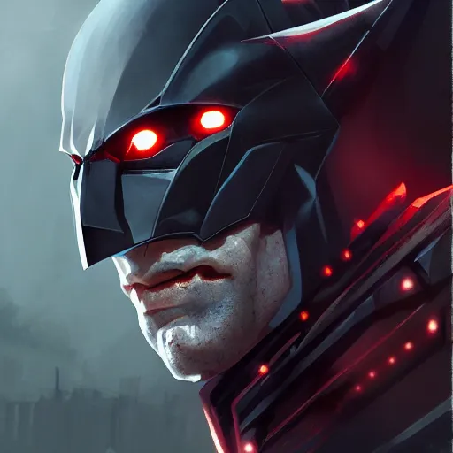 Image similar to evil cyborg batman starring into the camera, fixed eyes, cinematic, surreal, dramatic lighting, face, detailed, intricate, elegant, highly detailed, digital painting, artstation, chalk, concept art, smooth, sharp focus, illustration, art by sam spratt,