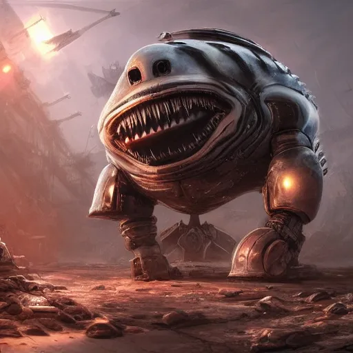 Prompt: Robot Penguin in Gears of War cover art,Shark teeth, ultra wide lens shot , tiny, small, short, cute and adorable, pretty, beautiful, DnD character art portrait, matte fantasy painting, eerie, DeviantArt Artstation, by Jason Felix by Steve Argyle by Tyler Jacobson by Peter Mohrbacher, cinematic lighting