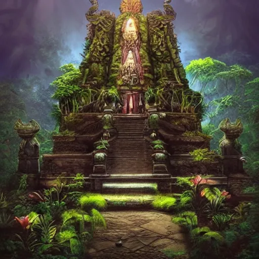 Image similar to temple in jungle, dark fantasy,