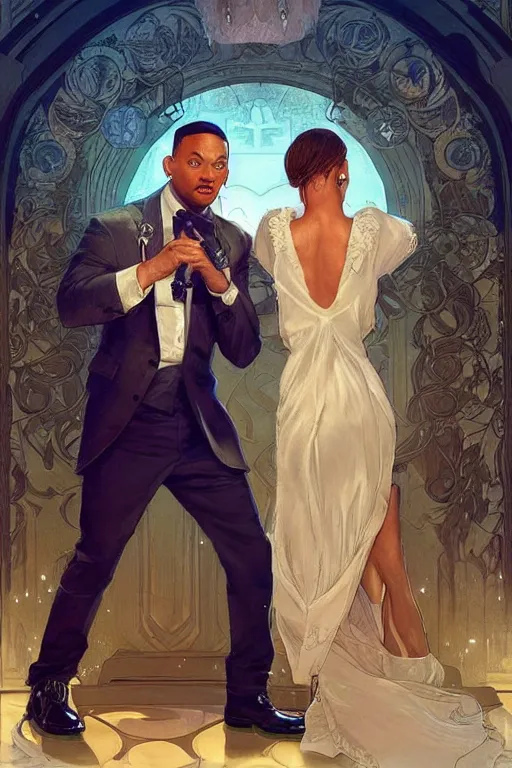 Image similar to beautiful cottagecore will smith slapping chris brown at the oscars. intricate, elegant. highly detailed, digital painting, artstation, concept art, smooth, sharp, focus, illustration. . art by artgerm and greg rutkowski and alphonse mucha