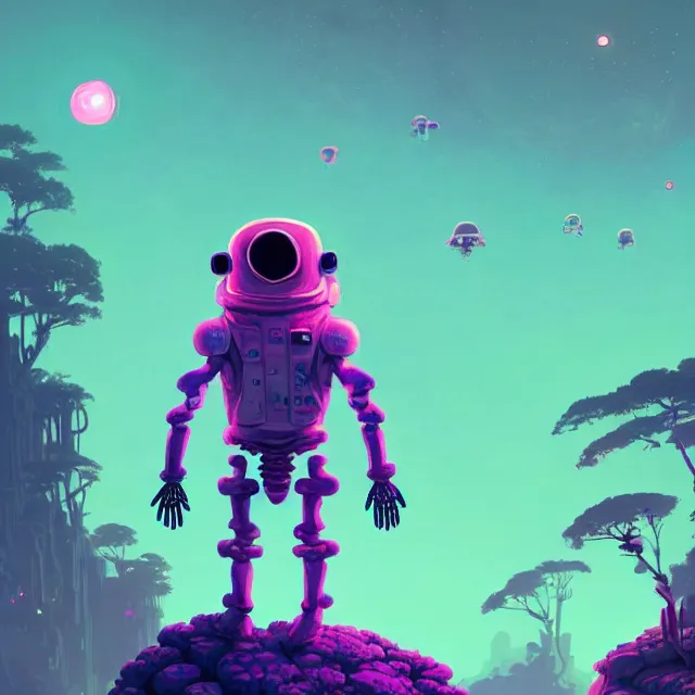 Image similar to a skeleton astronaut sitting on rock, surrounded by bio - luminescent, glowing peaceful serene sentient solarpunk, jungle. in the style of katamari damacy, scattered glowing pink fireflies, soft vaporwave liminal aesthetic. 3 d blender by tomer hanuka, greg rutkowski, beeple, sharp focus, digital painting, concept art