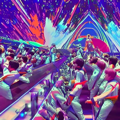 Prompt: BTS performing the ultimate space concert in the 8th dimension, universe, beautiful, vivid, hyper detailed, huge crowd cheering, digital art,