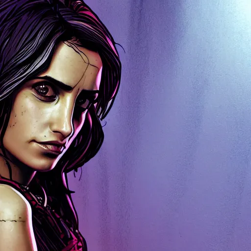 Image similar to penelope cruz portrait, borderlands, tales from the borderlands, the wolf among us, comic, cinematic lighting, studio quality, 8 k