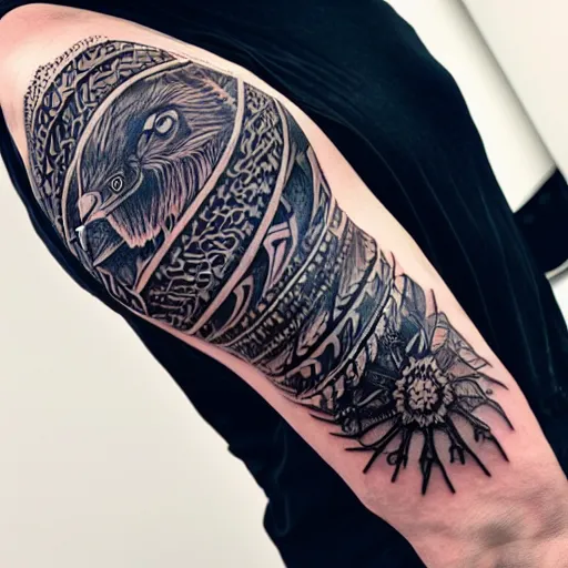 Prompt: photograph of a sleeve tattoo, black ink, intricate celtic pattern in the shape of a raven, highly - detailed, beautiful, award winning, 8 k,