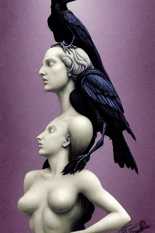 Prompt: raven perched on the shoulder of a realistic marble bust of a beautiful woman on a pedestal, by wayne barlowe, peter mohrbacher, kelly mckernan, james o barr