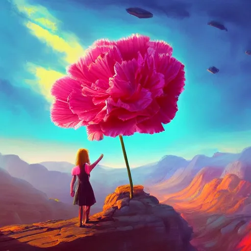 Image similar to giant carnation flower as a head, girl hiking in a canyon, surreal photography, sunrise, dramatic light, impressionist painting, colorful clouds, digital painting, artstation, simon stalenhag