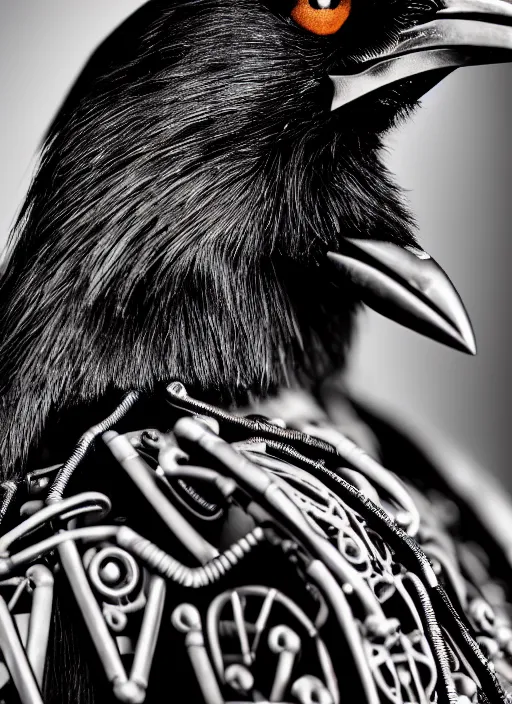 Image similar to a stunning young female crow mixed cyborg profile face, face is made intricate tribal bio - mechanical, editorial photography, bw, shot on 7 0 mm, depth of field, f / 2. 8, high contrast, 1 6 k, volumetric lighting, shiny, insanely detailed and intricate, hypermaximalist, elegant, ornate, hyper realistic, super detailed