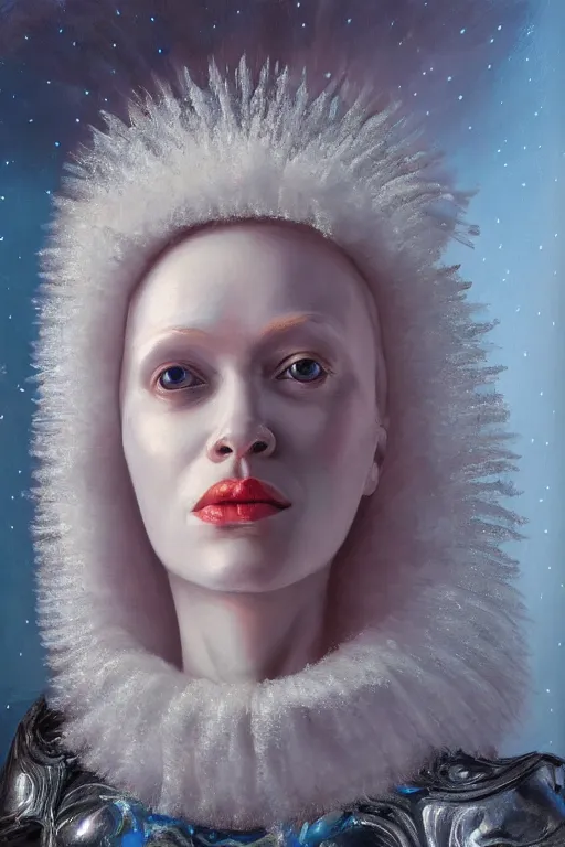 Image similar to hyperrealism oil painting, close - up portrait of albino queen medieval fashion model, knight, steel gradient mixed with nebula sky, in style of baroque