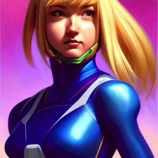 Image similar to head and shoulders portrait of Zero Suit Samus, semi realistic, digital illustration, fantasy, medium shot, intricate, elegant, highly detailed, digital painting, volumetric light, artstation, concept art, smooth, sharp focus, art by Sachin Teng and Gil Elvgren and Greg Manchess and Alphonse Mucha