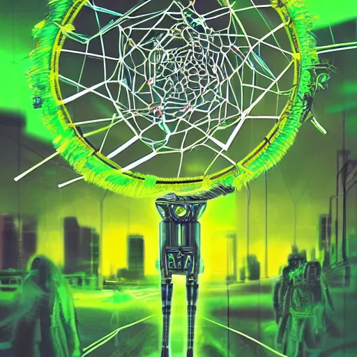 Image similar to poster of futuriste robot with the word ROBOT REVOLUTION , robotic dreamcatcher made of hi-tech trash. neon green and yellow colors, sci-fi fantasy, wide angle, full body shot, high detail