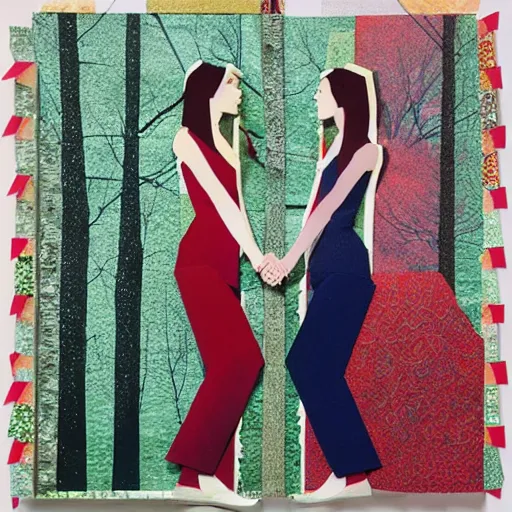 Image similar to paper collage art made of cut up magazines depicting two women holding hands in a forest