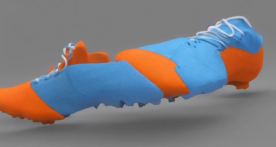 Prompt: concept running shoe in white, blue, and orange. artstation, octane render, 8 k, high quality, sharp focus.