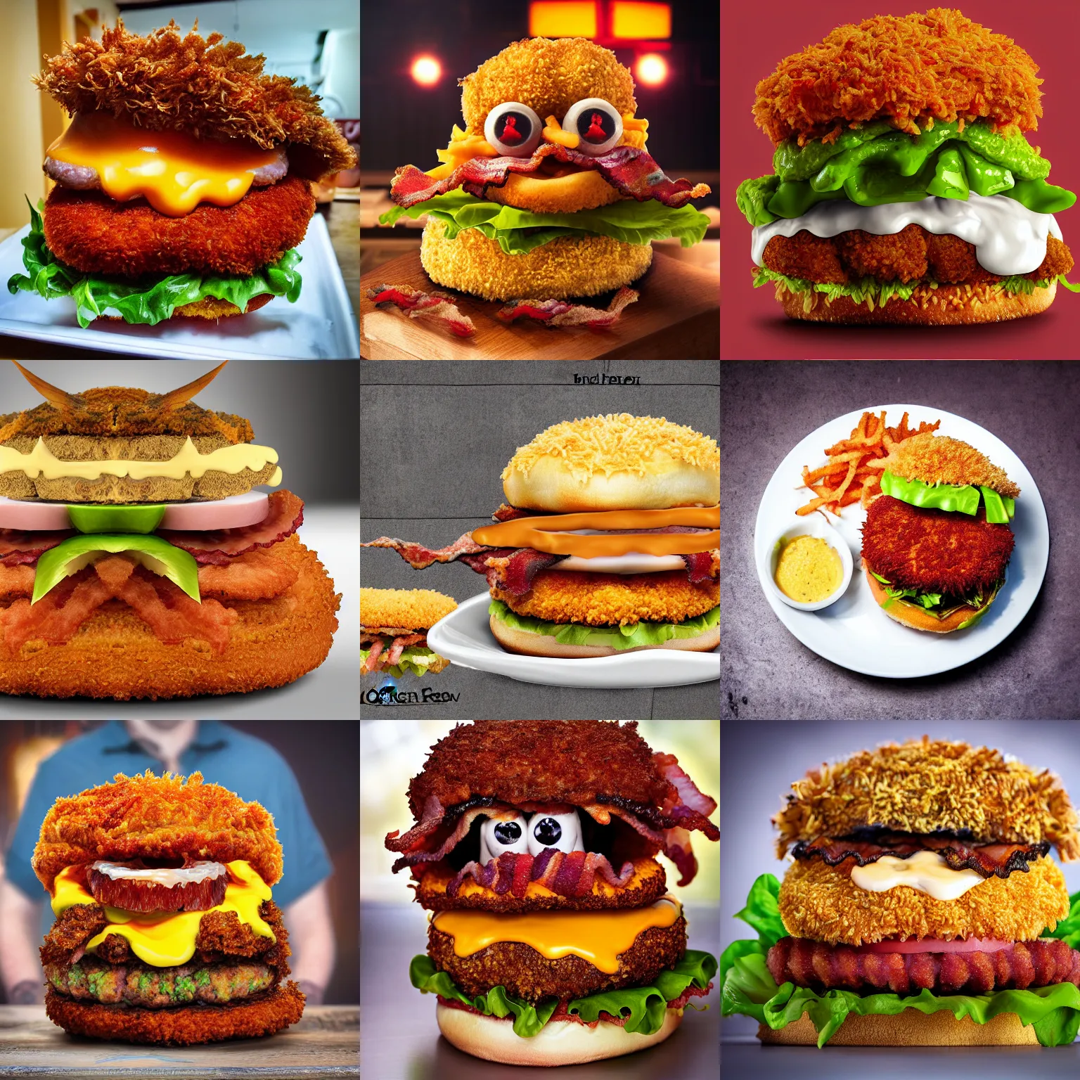 Prompt: scary demon monster chicken breaded in panko on a burger with crispy bacon, cheddar, caramelized onion and tartar sauce, large mouth, sharp teeth, long tongue, digital art, highly detailed, 8 k hd