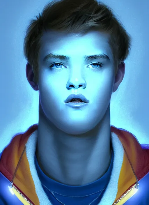 Image similar to portrait of high school senior boy named big moose, blonde short hair, jock, beefy, wide face, square jaw, square facial structure, blue varsity jacket with letter r, intricate, elegant, glowing lights, highly detailed, digital painting, artstation, concept art, sharp focus, illustration, art by wlop, mars ravelo and greg rutkowski