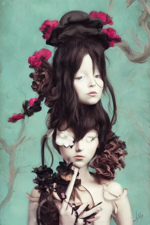 Image similar to Lowbrow pop surrealist Gothic Lolita digital art, painted by Julia Heffernan, Élisabeth Louise Vigée Le Brun, Studio Ghibli, realistic hair, artstation trend, high quality printing, fine art with subtle redshift rendering