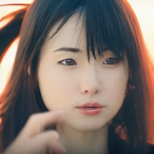 Image similar to a dynamic, epic cinematic 8K HD movie shot of close-up japanese idol Julia Boin face. Motion, VFX, Inspirational arthouse, at Behance, with Instagram filters