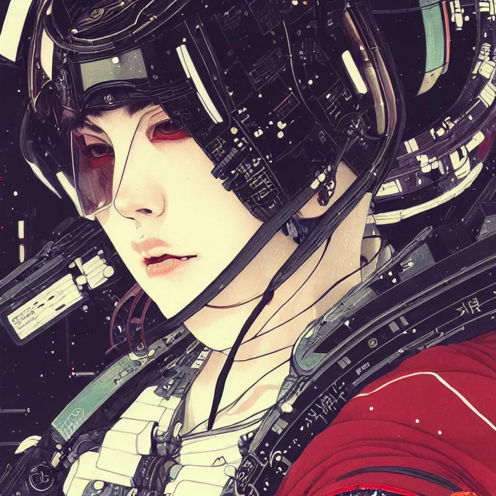 Image similar to a beautiful ukiyo painting of cyberpunk space pilot, wearing space techwear, detailed symmetrical close up portrait, intricate complexity, concept art, by takato yamamoto, wlop, artgem, krenz cushart. cinematic dramatic atmosphere, sharp focus, award winning