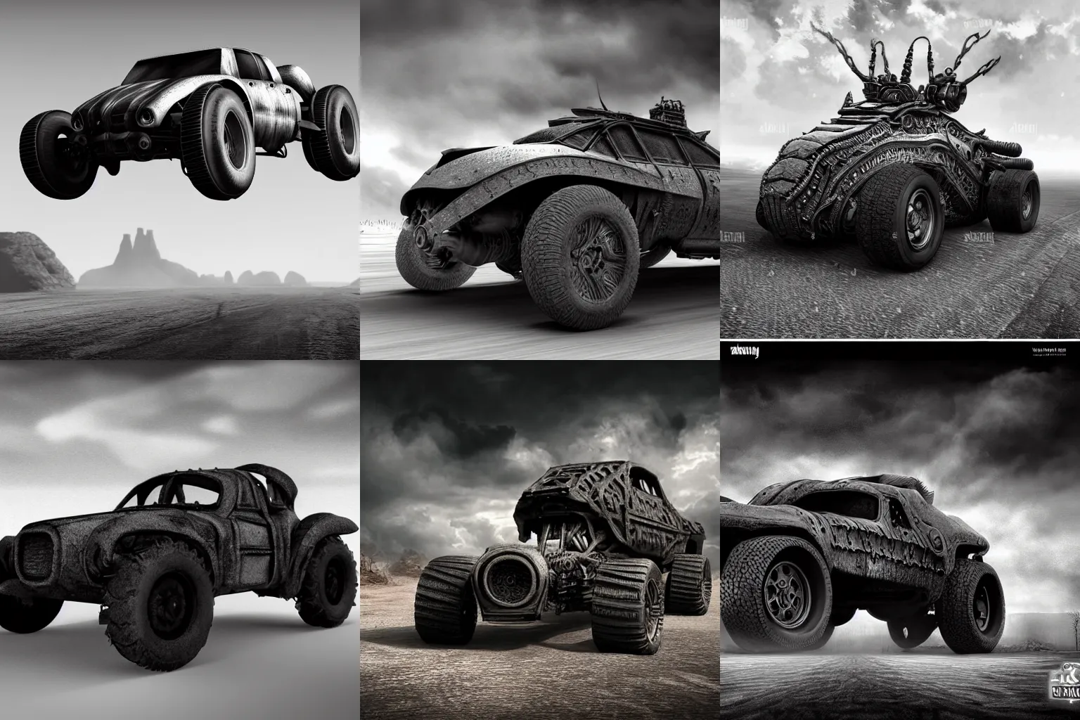 Prompt: ultra realist 3d soft paint of a gothic four wheel vehicle fully armored, MadMax, symmetry accurate features, very intricate details, ominous sky, black and white, volumetric light clouds, realistic background