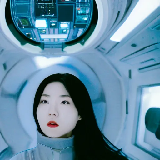 Image similar to a korean woman with long black hair and grey / black futuristic metallic clothing floating in zero - gravity in a spaceship with a white and blue futuristic interior. orange lighting, kodak film grain, expired film