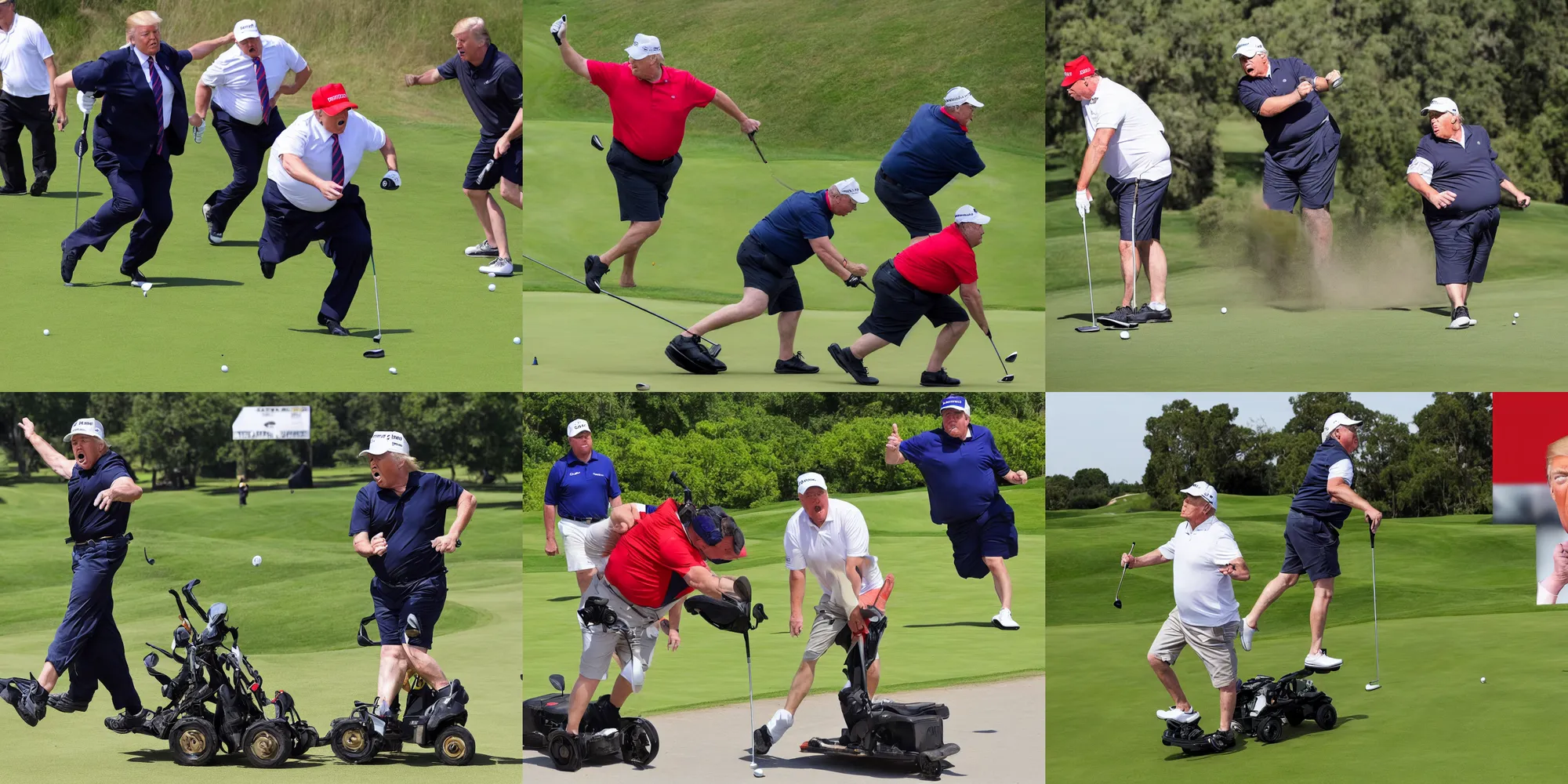 Prompt: action photography : ( subject =! donald trump! being chased by a steamroller driven by! merrick garland! + subject detail = panicking expression, sweaty, wearing golf shorts, obese ), background is a golf course on sunny day
