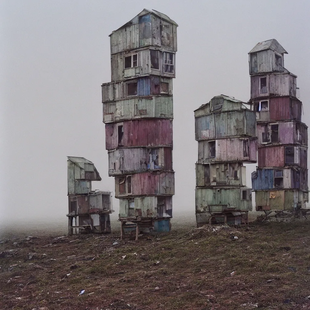 Prompt: two towers, made up of makeshift squatter shacks with pastel colours, uneven dense fog, dystopia, mamiya rb 6 7, fully frontal view, very detailed, photographed by jeanette hagglund